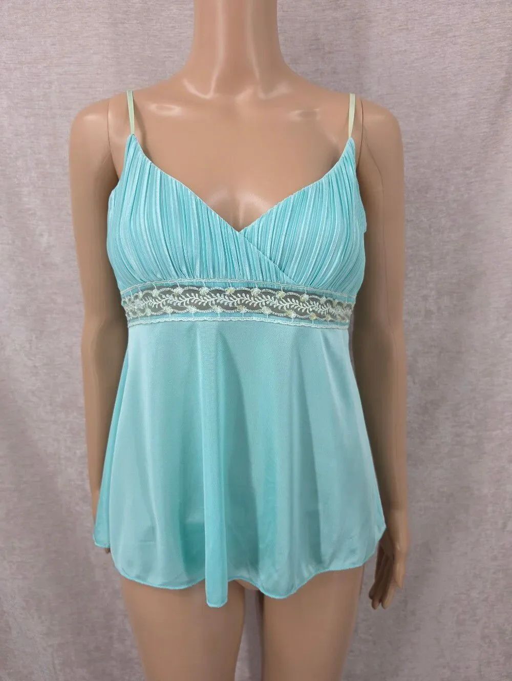 Y2K Aqua Blue Satin Pleated Lace-Detail Babydoll Camisole By Lipdtick
